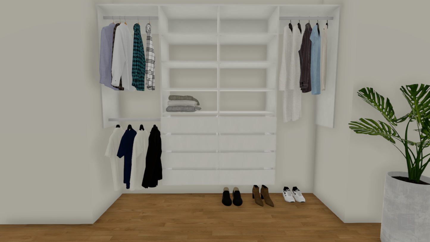 2.9 | Wardrobe shelving 2100mm-2400mm Double central tower 450w with 8 drawers & 10 shelves